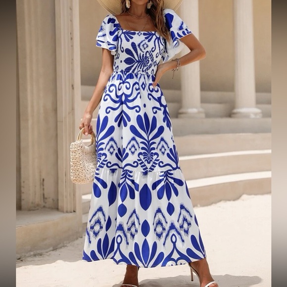 Boho Allover print shirred ruffle hem maxi dress - Picture 7 of 7